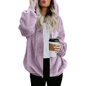 ReachMe Womens Warm Fuzzy Zip Up Hoodie Oversized Sherpa Jacket with Pockets Faux Fur Fleece Winter Coats
