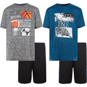 Boys Youth Big Kids Athletic Active Performance Sports 4 Piece Graphic T-Shirt Top and Basketball Short Set