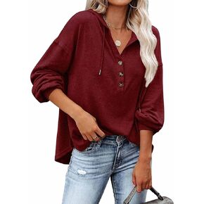 REVETRO Womens V Neck Long Sleeve Henley Shirts Button Down Sweatshirts Hoodies Tunic Tops with Drawstring