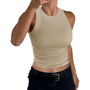 GEMBERA Womens High Neck Racerback Ribbed Crop Top Sleeveless Fitted Basic Cotton Cropped Tank Top Layers