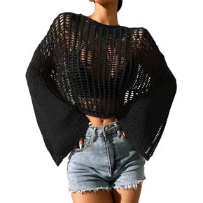 Kedera Women Hollow Out Crochet Knit Crop Tops Color Block Long Sleeve Y2K Knitted Fall Sweaters Tops
