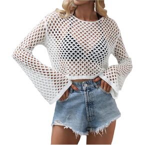 Kedera Women Hollow Out Crochet Knit Crop Tops Color Block Long Sleeve Y2K Knitted Fall Sweaters Tops