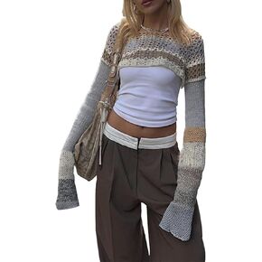 Women Y2k Knit Crochet Shrug Long Sleeve Hollow Out Drop Shoulder Cardigan Sweater Casual Crop Top Streetwear
