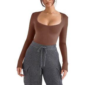 REORIA Women’s Sexy Deep Scoop Neck Long Sleeve Bodysuit Slimming Ribbed Going Out T Shirt Tops