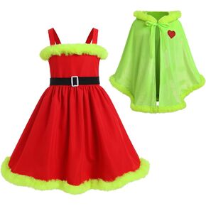 Christmas Dress for Kids Women Girls Gingham Dresses + Velvet Cape Mrs Santa Claus Fancy Dress Up Costume