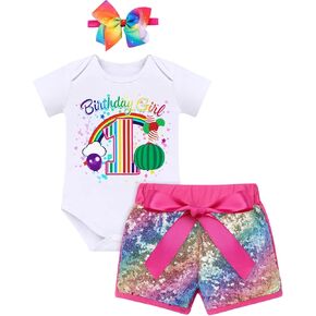 IBTOM CASTLE Watermelon 1st Birthday Rainbow Cake Smash Short Set with Princess Romper/Headband for Baby Girls Photo Shoot