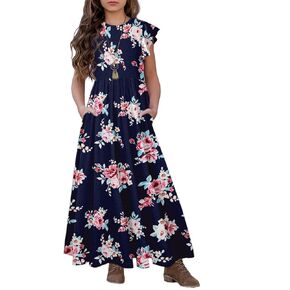 HOSIKA Girls Floral Maxi Dress Boho Ruffle Sleeve Pleated Casual A-line Swing Dresses with Pockets 6-12 Years