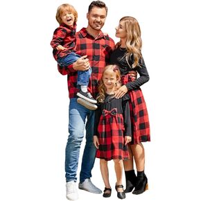 PATPAT Family Matching Outfits Mommy and Me Dresses Matching Set Long Sleeve Plaid Midi Dress and Casual Button Down Shirts