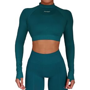 FRESOUGHT قمصان قصيرة الأكمام للتمرين للنساء، قمصان رياضية بدون خياطة، قمصان رياضية لليوجا والجري، قمصان برقبة وهمية in Kuwait