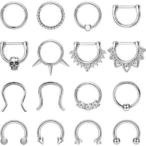 YADOCA 16PCS 16G Septum Rings Septum Jewelry Stainless Steel Septum Clicker Nose Rings Hoops for Women Men Horseshoe Daith Helix Tragus Cartilage Earrings Piercing Jewelry Gold Silver Black Tone 8MM
