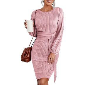 HOTOUCH المرأة فستان منسوج طويل فانوس كم Bodycon فستان Crewneck التعادل الخصر الضلع محبوك فساتين سترة in Kuwait