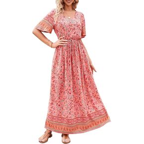 PRETTYGARDEN Women's Casual Summer Boho Floral Print Dress V Neck Short Sleeve High Waist Long Maxi Beach Dresses in Kuwait