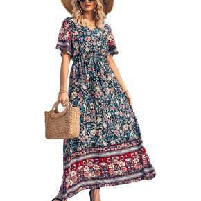 PRETTYGARDEN Women's Casual Summer Boho Floral Print Dress V Neck Short Sleeve High Waist Long Maxi Beach Dresses in Saudi Arabia
