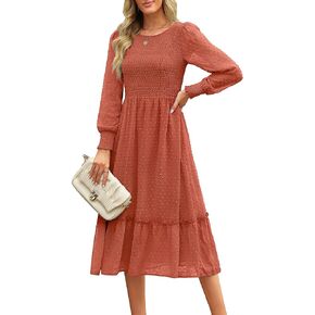 Maggeer Womens 2024 Spring Summer Long Sleeve Wedding Guest Smocked Floral or Chiffon Swiss Dot Midi Dress