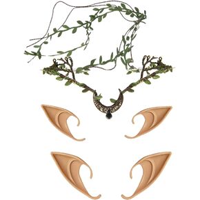 Merroyal Moon Vintage Crystal Headpieces Leaf Rattan Crown Hair Acessories with 2 Pairs Latex Elf Ear for Women Girls