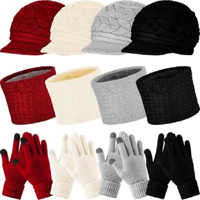 12 Pieces Winter Hat Gloves Scarf Set Warm Knit Hat Snow Ski Caps with Visor Neck Warmer Circle Scarves Touch Screen Mittens