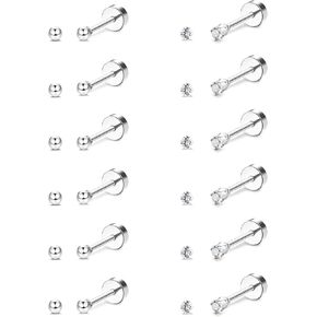 FIBO STEEL 12 Pairs 20G Cartilage Earrings Stud for Women Men Stainless Steel Tiny 2mm & 3-8mm Studs CZ Round Ball Flatback Earring Set in Kuwait