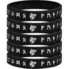 MEALGUET 5 Pieces Viking Bracelet for Men : Black Nordic Viking Runes Wristband Bangle Bracelet for Men Women, Silicone Rubber Band Comfort Fit Viking Jewelry,Black/White
