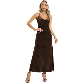 Capuffy Women's Spaghetti Straps Deep V Neck Velvet Backless Maxi Dress Double High Slit Velvet Cocktai Party Dress 72040
