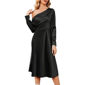 JASAMBAC Women's 2023 Cocktail Dress Elegant Satin Dresses One Shoulder Silk Dress Fall Ruched Long Sleeve Party Dresses in Saudi Arabia