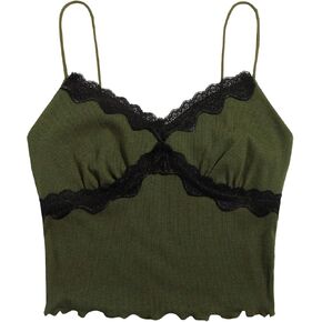 SweatyRocks Women's Lace Patchwork Spaghetti Strap Crop Cami Cute Ribbed Knit Slim Fit V Neck Camisole Tank Tops