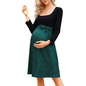 Coolmee Maternity Dress Square Neck Ribbed Floral Sweater A-Line Fall Boho High Waist 2-in-1 Dress with Belt in Kuwait