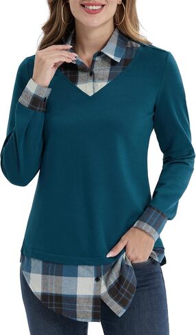 بلوزة نسائية DJT ذات ياقة منقوشة متباينة 2 في 1 in Kuwait