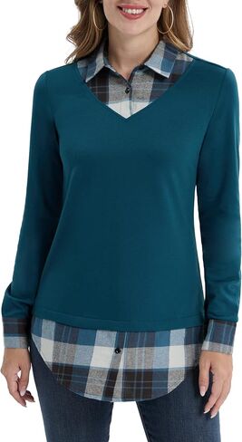 بلوزة نسائية DJT ذات ياقة منقوشة متباينة 2 في 1 in Kuwait