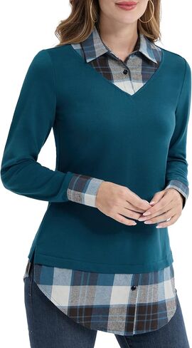 بلوزة نسائية DJT ذات ياقة منقوشة متباينة 2 في 1 in Kuwait