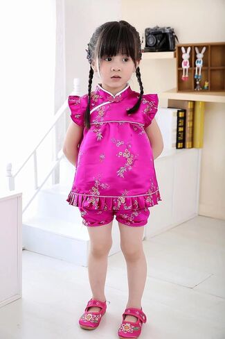 SZCQ Little Girl Chinese Qipao Dress Suit Traditional Cheongsam Top + Pant Baby Girls New Year Costumes in Kuwait