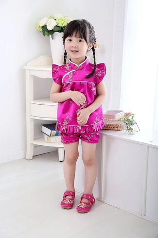 SZCQ Little Girl Chinese Qipao Dress Suit Traditional Cheongsam Top + Pant Baby Girls New Year Costumes in Kuwait