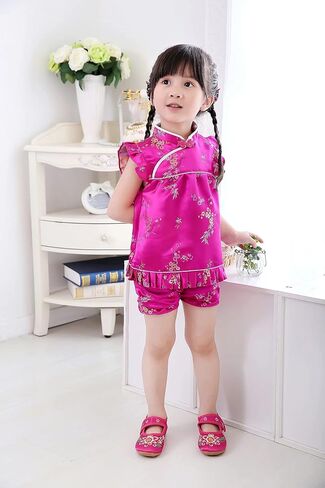 SZCQ Little Girl Chinese Qipao Dress Suit Traditional Cheongsam Top + Pant Baby Girls New Year Costumes in Kuwait