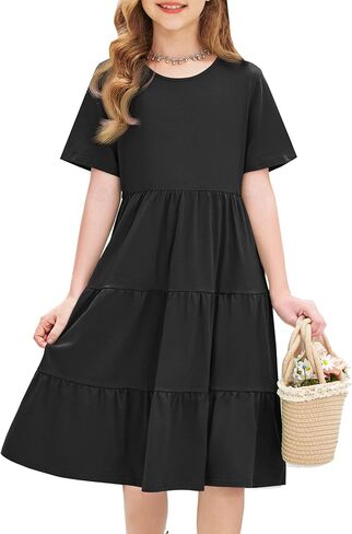 Arshiner Girls Dress Summer Short Sleeve Tiered Ruffle Casual Swing Midi A-Line Dress with Pockets in Saudi Arabia