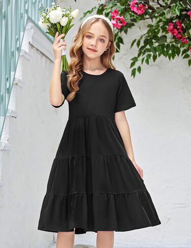 Arshiner Girls Dress Summer Short Sleeve Tiered Ruffle Casual Swing Midi A-Line Dress with Pockets in Saudi Arabia