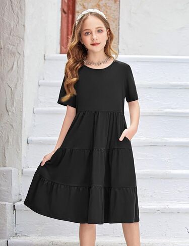 Arshiner Girls Dress Summer Short Sleeve Tiered Ruffle Casual Swing Midi A-Line Dress with Pockets in Saudi Arabia