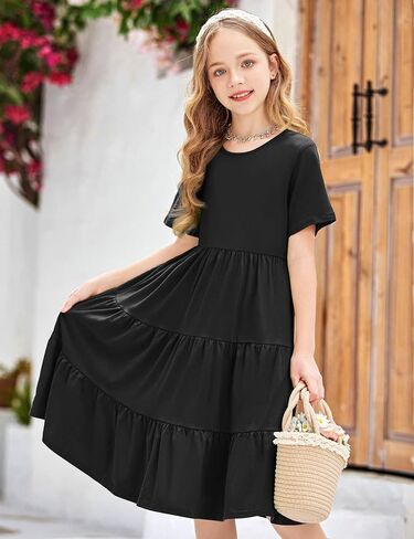 Arshiner Girls Dress Summer Short Sleeve Tiered Ruffle Casual Swing Midi A-Line Dress with Pockets in Saudi Arabia