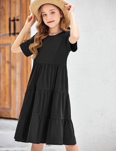 Arshiner Girls Dress Summer Short Sleeve Tiered Ruffle Casual Swing Midi A-Line Dress with Pockets in Saudi Arabia
