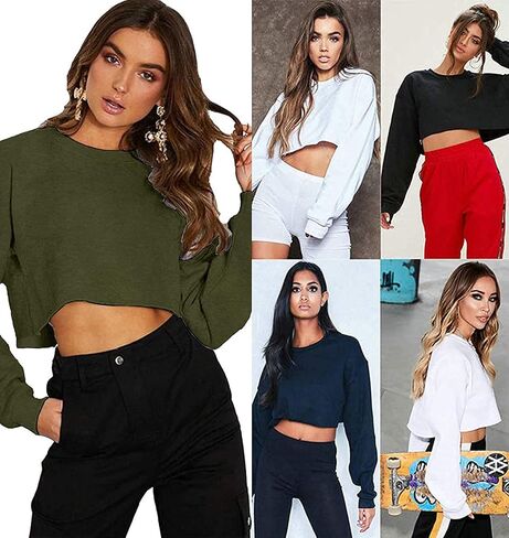 Kyerivs Casual Crop Sweatshirt for Women Crewneck Cropped Shirts Workout Long Sleeve Crop Tops in Kuwait