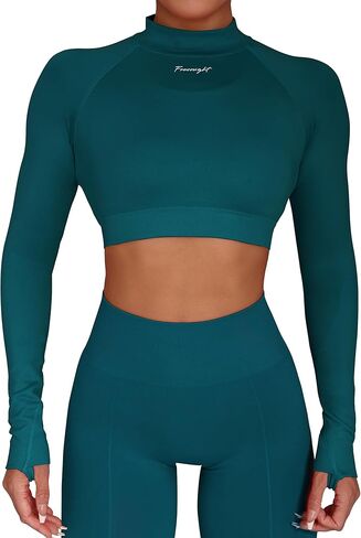 FRESOUGHT Long Sleeve Workout Crop Tops for Women, Seamless Athletic Activewear Shirts Gym Yoga Running Mock Neck Tops in Kuwait