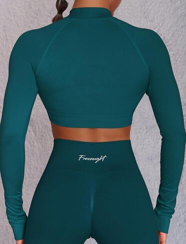 FRESOUGHT Long Sleeve Workout Crop Tops for Women, Seamless Athletic Activewear Shirts Gym Yoga Running Mock Neck Tops in Kuwait
