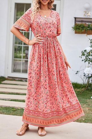 فستان PRETTYGARDEN نسائي صيفي كاجوال بوهو مطبوع عليه زهور ورقبة على شكل V وأكمام قصيرة وخصر عالٍ وطويل فساتين الشاطئ الطويلة in Kuwait