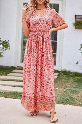 فستان PRETTYGARDEN نسائي صيفي كاجوال بوهو مطبوع عليه زهور ورقبة على شكل V وأكمام قصيرة وخصر عالٍ وطويل فساتين الشاطئ الطويلة in Kuwait