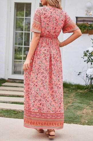 فستان PRETTYGARDEN نسائي صيفي كاجوال بوهو مطبوع عليه زهور ورقبة على شكل V وأكمام قصيرة وخصر عالٍ وطويل فساتين الشاطئ الطويلة in Kuwait