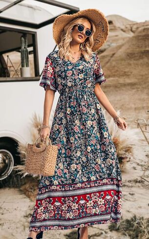 فستان PRETTYGARDEN نسائي صيفي كاجوال بوهو مطبوع عليه زهور ورقبة على شكل V وأكمام قصيرة وخصر عالٍ وطويل فساتين الشاطئ الطويلة in Saudi Arabia