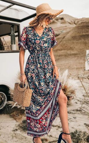 فستان PRETTYGARDEN نسائي صيفي كاجوال بوهو مطبوع عليه زهور ورقبة على شكل V وأكمام قصيرة وخصر عالٍ وطويل فساتين الشاطئ الطويلة in Saudi Arabia