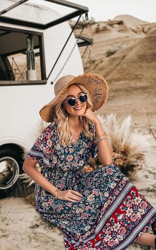 فستان PRETTYGARDEN نسائي صيفي كاجوال بوهو مطبوع عليه زهور ورقبة على شكل V وأكمام قصيرة وخصر عالٍ وطويل فساتين الشاطئ الطويلة in Saudi Arabia
