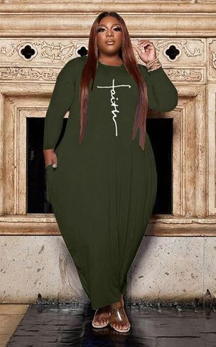 Fooullaide Women's Plus Size Maxi Dress Print Loose Oversize Long Sleeve Baggy Tshirt Casual Tunic Dresses with Pocket in Kuwait