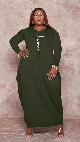 Fooullaide Women's Plus Size Maxi Dress Print Loose Oversize Long Sleeve Baggy Tshirt Casual Tunic Dresses with Pocket in Kuwait