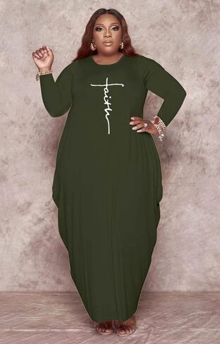 Fooullaide Women's Plus Size Maxi Dress Print Loose Oversize Long Sleeve Baggy Tshirt Casual Tunic Dresses with Pocket in Kuwait