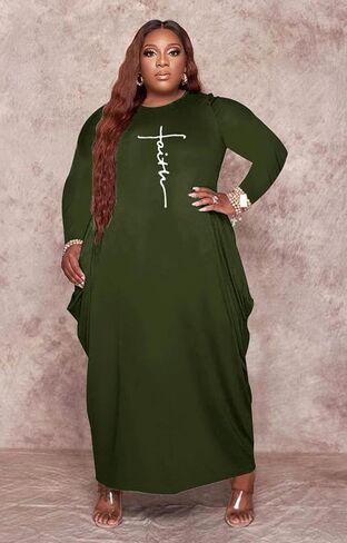 Fooullaide Women's Plus Size Maxi Dress Print Loose Oversize Long Sleeve Baggy Tshirt Casual Tunic Dresses with Pocket in Kuwait